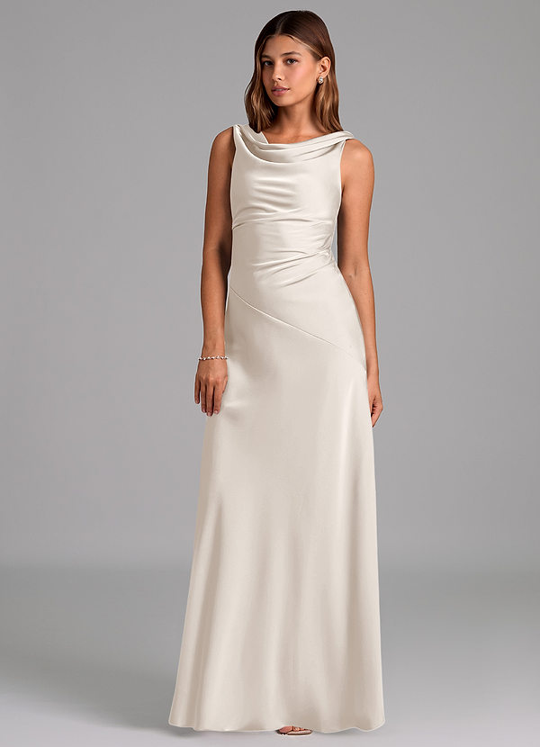 Azazie Nerine Bridesmaid Dresses White Alabaster A-Line Pleated Stretch Satin Dress image1