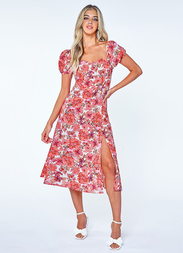 front Loma Linda Red Floral Print Puff Sleeve Midi Dress