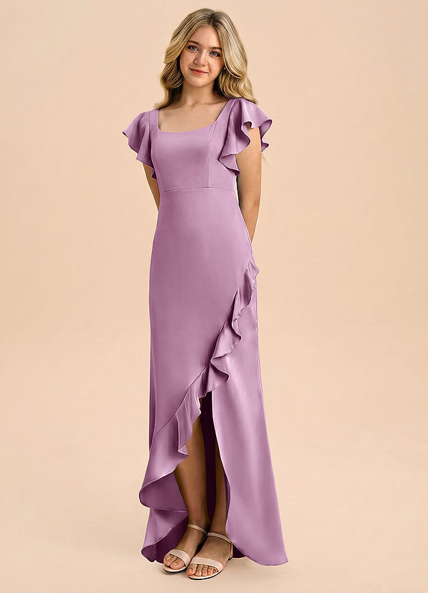 Azazie Demi Junior Vestido Glicinia de Satén Elástico de Corte Sirena con Lazo image1