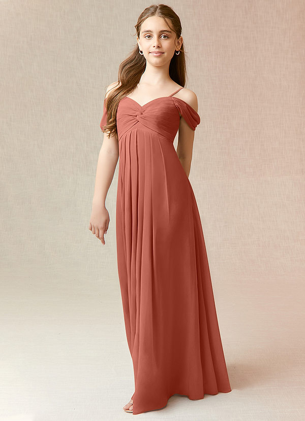 Azazie Kaitlynn Junior Vestido Argila de Chiffon de Linha A com Fora do ombro image1