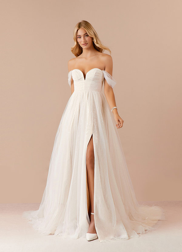 Azazie Maia Wedding Dresses Diamond White Champagne A-Line Off the Shoulder Tulle Dress image1
