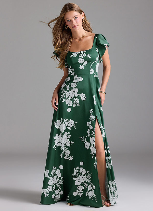 Azazie Bondi Bridesmaid Dresses Green Botanicals A-Line Bow Stretch Satin Dress image1