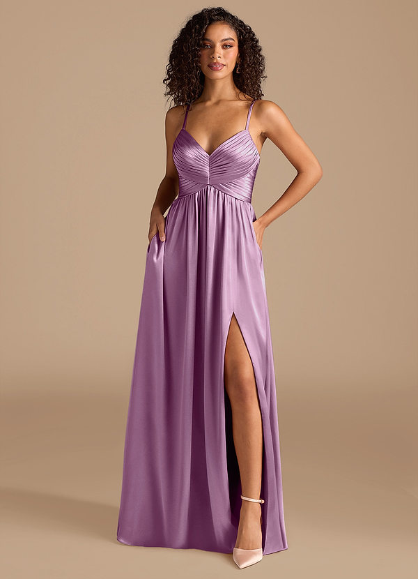 Azazie Alia Brautjungfernkleider A-Linie Plissee Metallischer Satin Kleid Blauregen image1