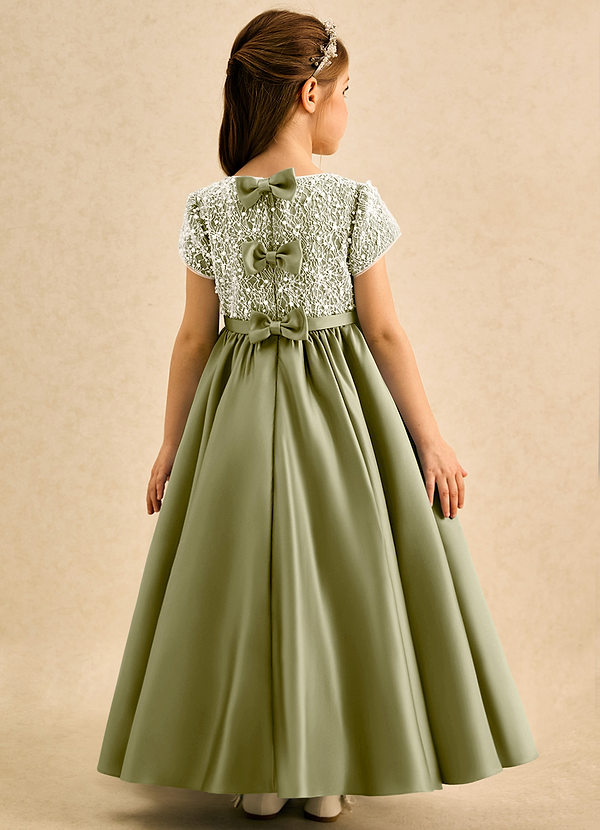 Azazie Cashew Flower Girl Dresses Moss Green Ball-Gown with Sleeves Matte Satin Dress image1