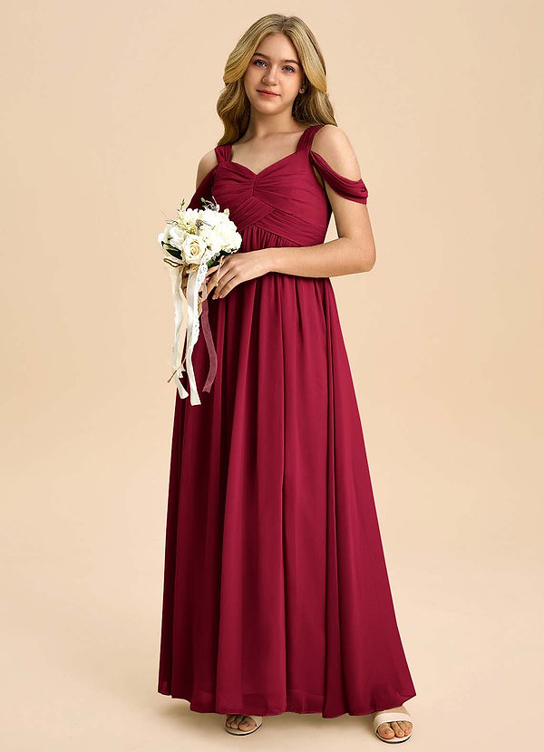 Azazie Lianne Junior Burgundy A-Line Off the Shoulder Chiffon Dress image1