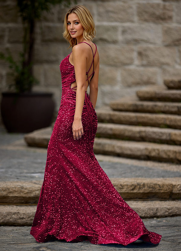 Luxey Burgundy Sheath/Column V Neck Sleeveless Sweep Train Velvet Sequins Prom Dress with Split image1