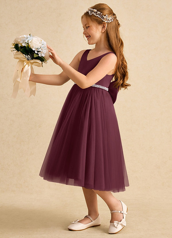 Azazie Firefly Flower Girl Dresses Cabernet A-Line Bow Matte Satin Dress image1