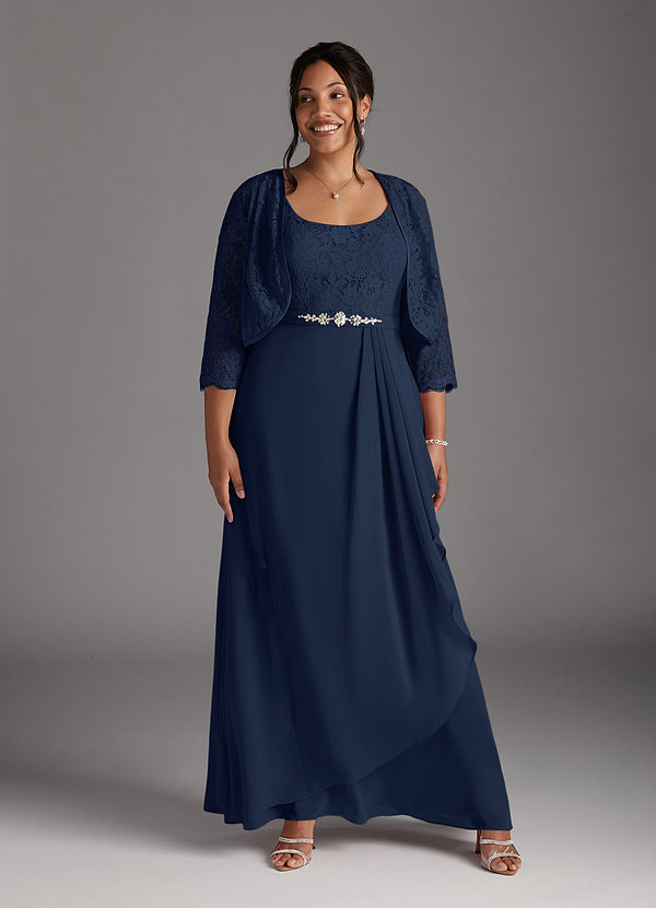Azazie Ainsling Mother of the Brides Dresses Dark Navy A-Line Square Neckline Lace Chiffon Dress image1