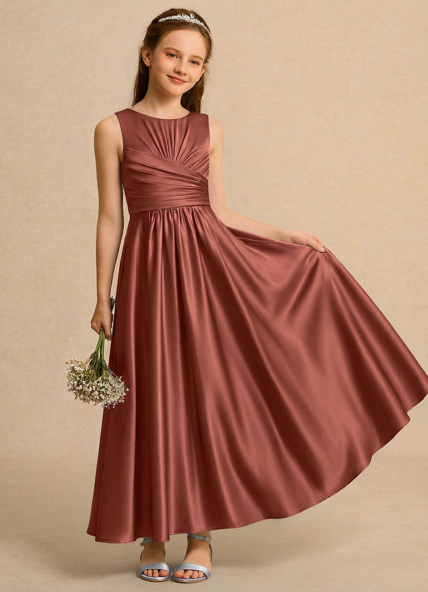 Azazie Ducky Girls Formal Flower Girl Dresses Auburn A-Line Pleated Stretch Satin Dress image1