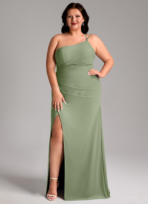 Azazie Eren Vestidos de dama de honor Vestido Pistacho de Gasa de Corte Recto con Un hombro image1