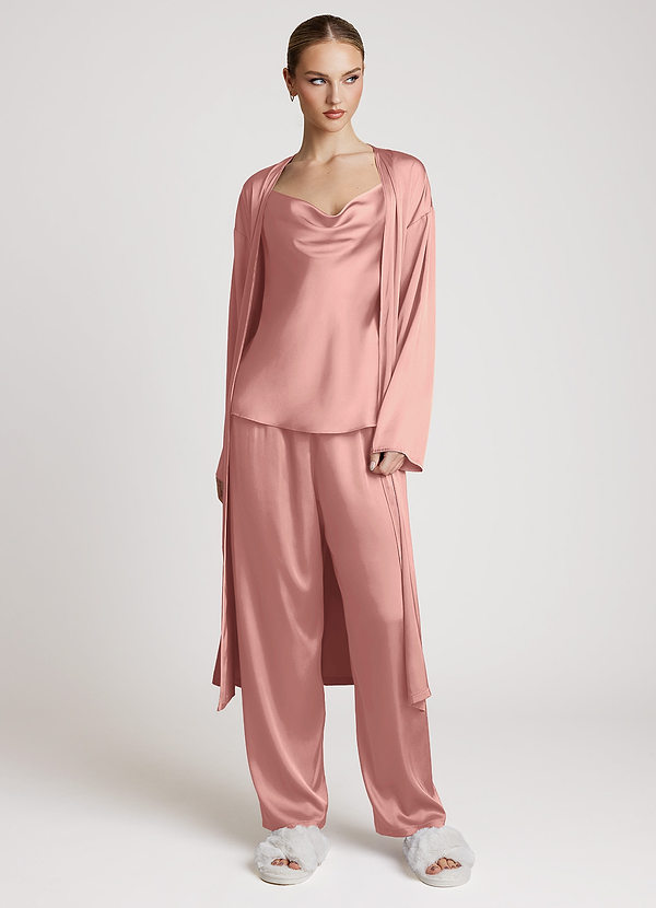 front Rosettenrosa Dreiteiliges Loungewear-Set aus Satin mit langen Ärmeln