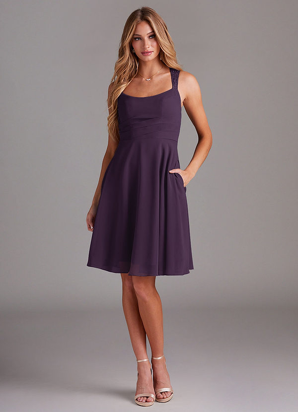 Azazie Vina Bridesmaid Dresses Plum A-Line Lace Chiffon Dress image1