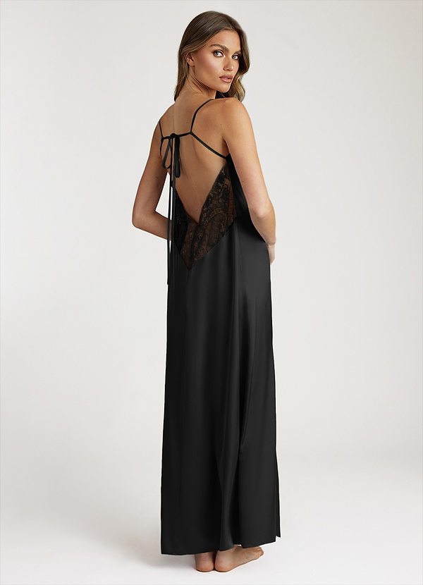 front Black Satin and Lace Midi Slip Dress