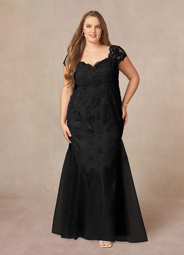 Azazie Marbella Brautmutterkleider Meerjungfrau-Linie Königin Anne Pailletten Spitze Kleid Schwarz image1