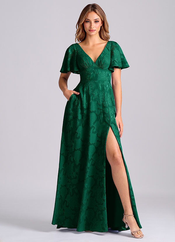 Azazie Kimber Bruidsmeisjes Jurken Jurk van Bloemen Burn-out met A-Lijn met Zakken Smaragd image1