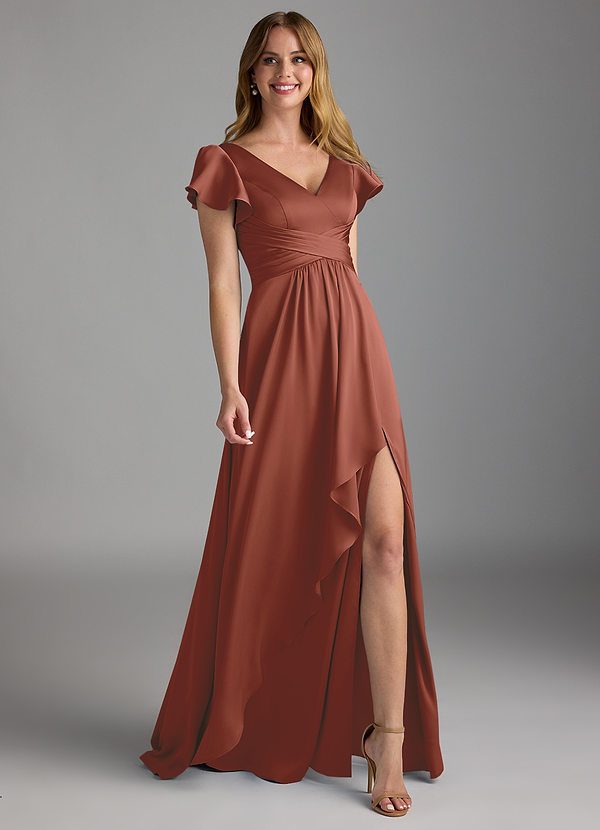 Azazie Omari Bruidsmeisjes Jurken Jurk van Stretch Satijn met A-Lijn Kastanjebruin image1