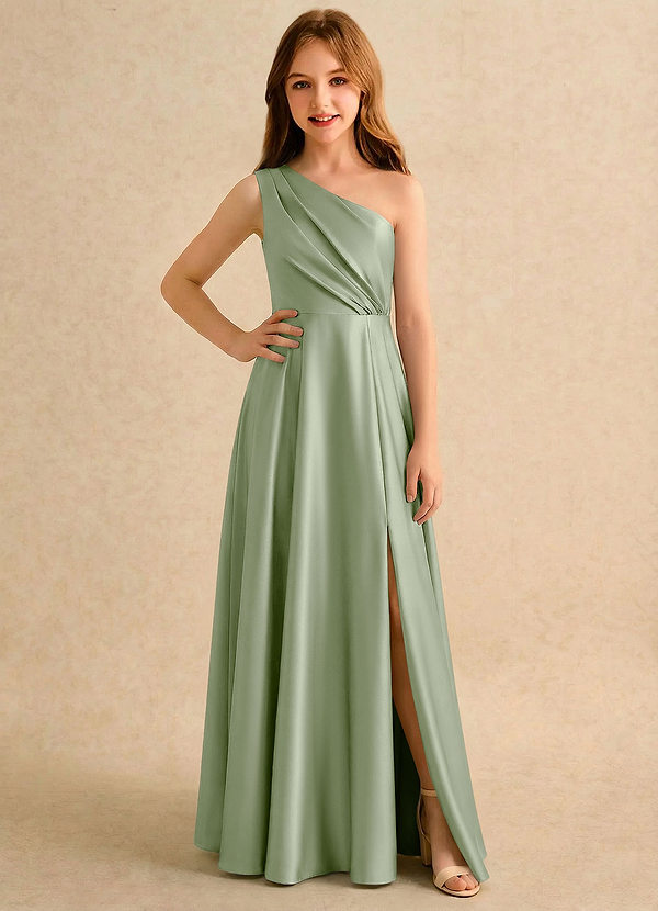 Azazie Puddles Junior Formal Flower Girl Dresses Dusty Sage A-Line One Shoulder Stretch Satin Dress image1