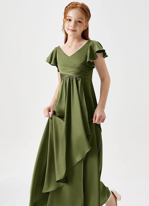 Azazie Omari Junior Olive A-Line Pleated Stretch Satin Dress image1