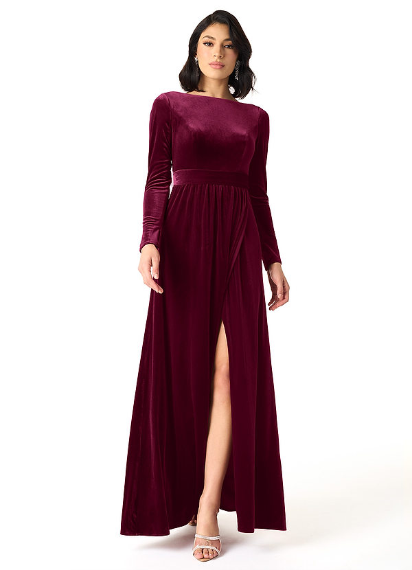 Azazie Brynn Bridesmaid Dresses Cabernet A-Line Long Sleeve Velvet Dress image1