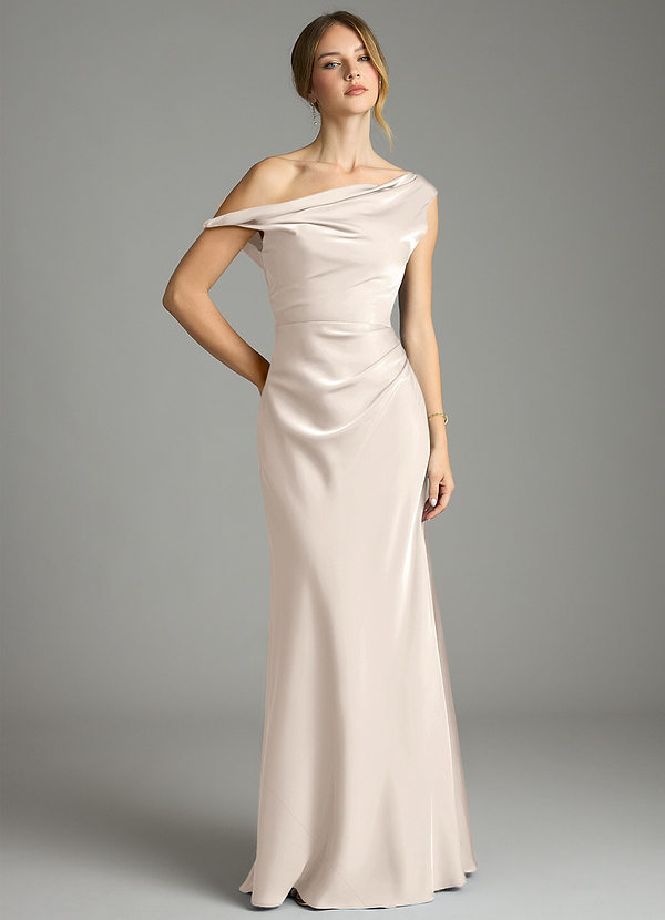 Azazie Emerson Bridesmaid Dresses White Alabaster Mermaid Off the Shoulder Stretch Satin Dress image1