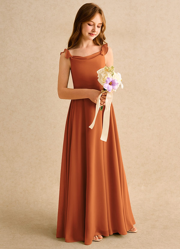 Azazie Puppy Girls Formal Robes de Fillette d'Honneur Robe Trapèze en Mousseline de soie Plissée Cannelle image1