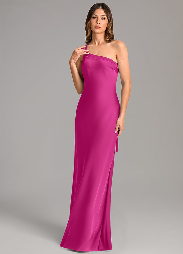 Azazie Monroe Vestidos Dama de Honor Vestido de Fucsia de Satén Elástico de Corte Sirena con Hombro unilateral image1