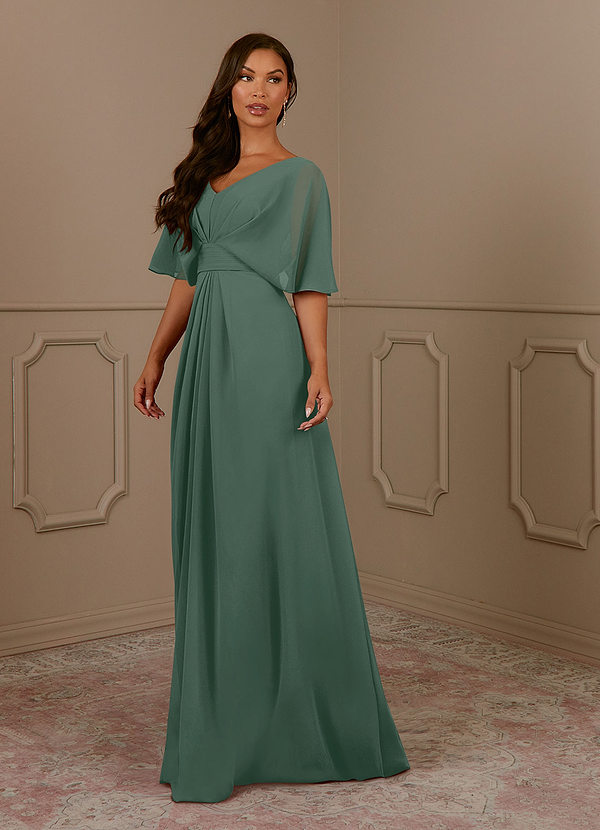 Azazie Oksana Vestidos de Madre de la Novia Vestido de Musgo Marino de Gasa de Corte En A con Cuello en V Plisado image1