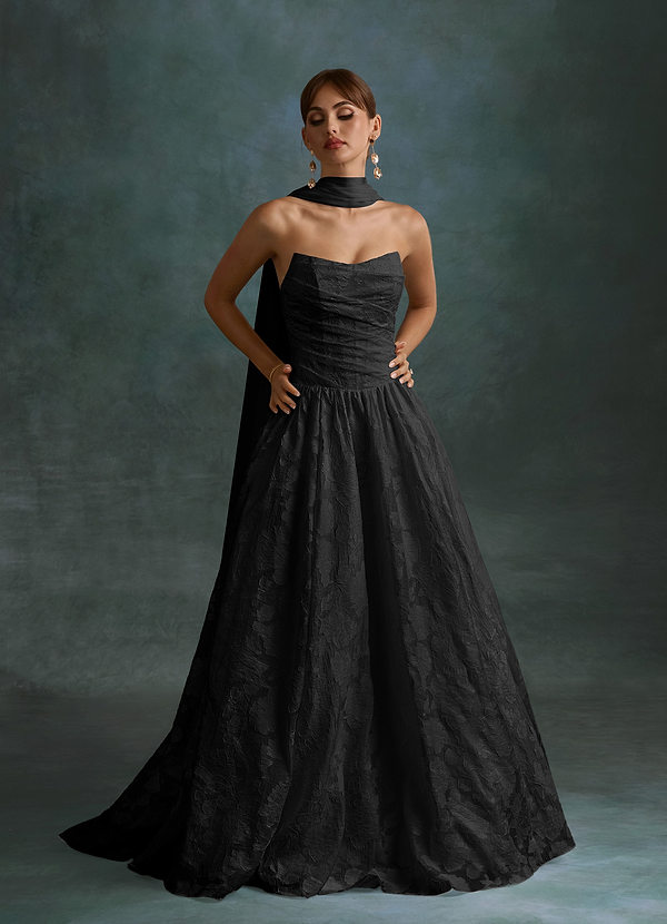 Azazie Nadine Wedding Dresses Black A-Line Strapless Floral Burnout Dress image1