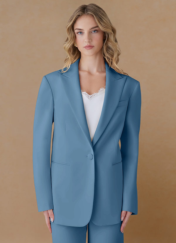 front Amelia Steel Blue Refined Weave Performance Oversized Blazer