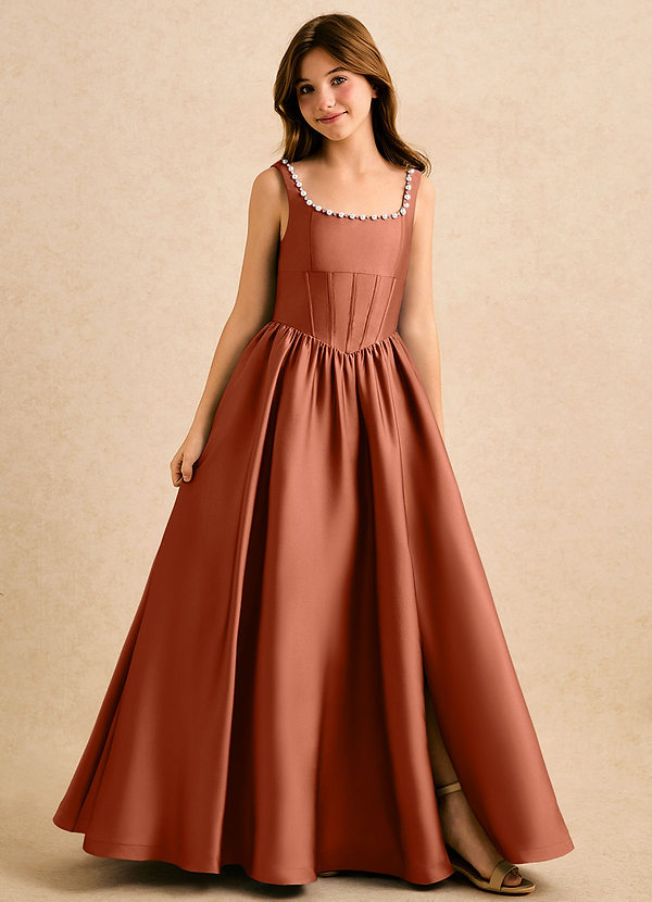 Azazie Enid Girls Formal Bloemenmeisjes Jurken A-Lijn Jurk van Stretch Satijn Kralen Ceder Roos image1