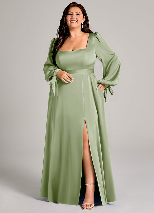 Azazie Leonia Bridesmaid Dresses Dusty Sage A-Line Long Sleeve Stretch Satin Dress image1