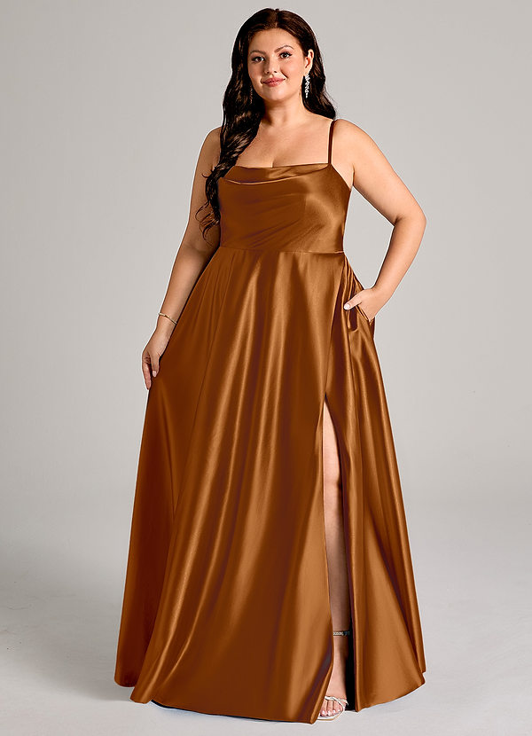 Azazie Elle Bridesmaid Dresses Copper A-Line with Pockets Metallic Satin Dress image1