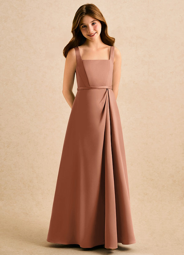 Azazie Emiko Girls Formal Abiti da Damigella Bambina Abito A-Line in Raso Opaco Plissettato Bronzo image1