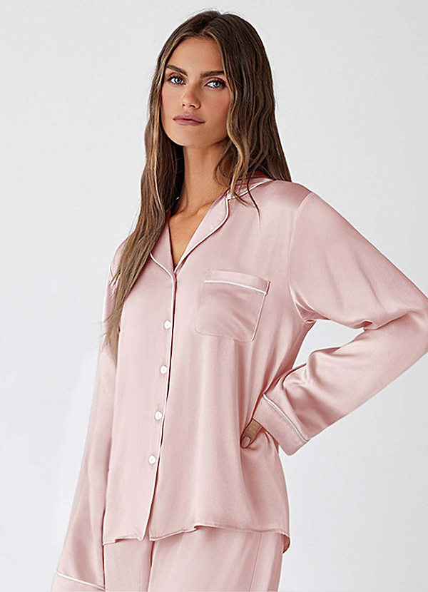 front Rødmende Pink 100% vaskbar silke pyjamas top med lange ærmer