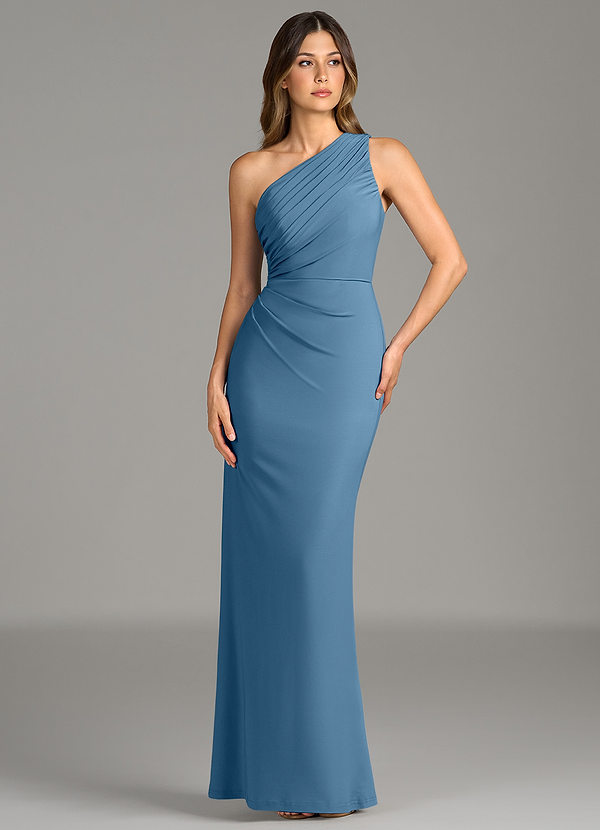 Azazie Akilah Bridesmaid Dresses Steel Blue Mermaid One Shoulder Premium Stretch Jersey Dress image1