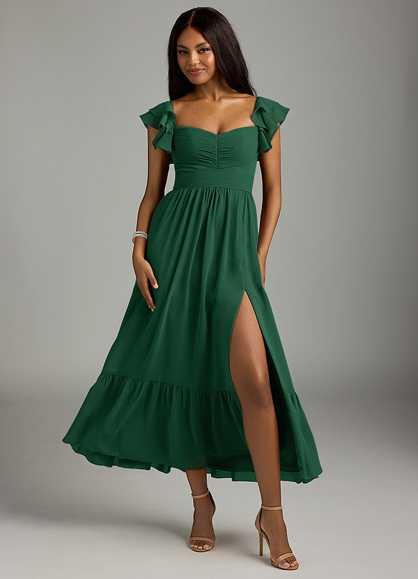Azazie Anaya Bridesmaid Dresses Dark Green A-Line Pleated Chiffon Dress image1