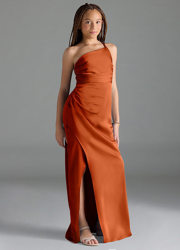 Azazie Eren Junior Burnt Orange Sheath Pleated Stretch Satin Dress image1
