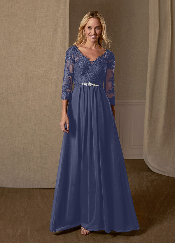 Azazie Hayek Mother of the Bride Dresses A-Line V-Neck Lace Chiffon Floor-Length Dress image1