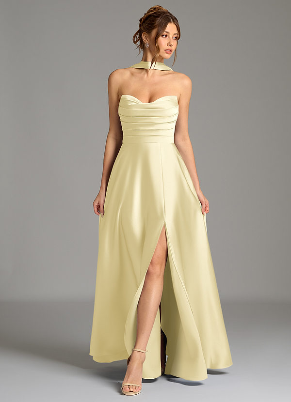 Azazie Ayla Vestidos Dama de Honor Vestido de Sorbete De Limón de Satén Elástico de Corte en A con Corsé image1