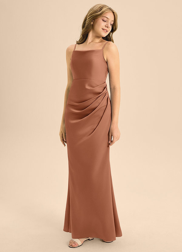 Azazie Renna Junior Bronzer A-Line Pleated Stretch Satin Dress image1