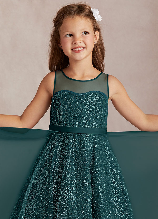 Azazie Siwa Flower Girl Dresses Pine A-Line Beaded Tulle Dress image1