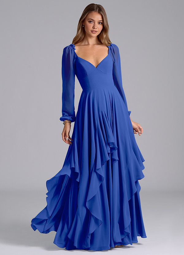 Azazie Karan Bridesmaid Dresses Royal Blue A-Line Long Sleeve Chiffon Dress image1