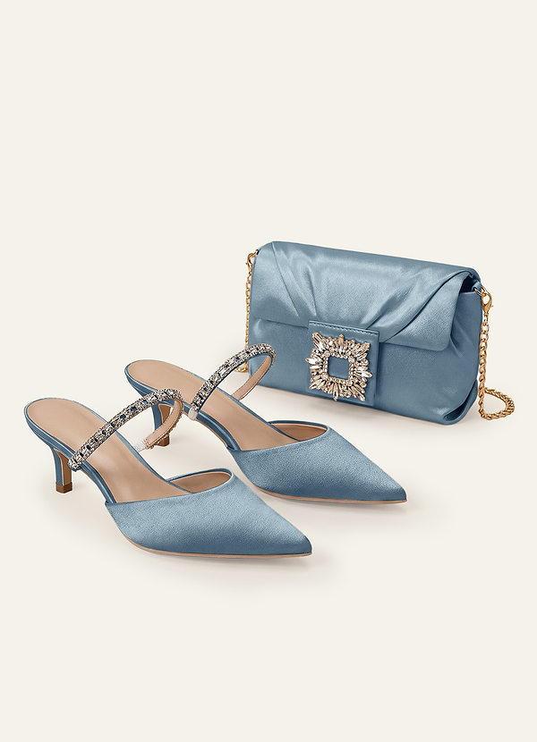 front Matching Color Stretch Satin Rhinestone Slip-on Kitten Heels & Clutch Set