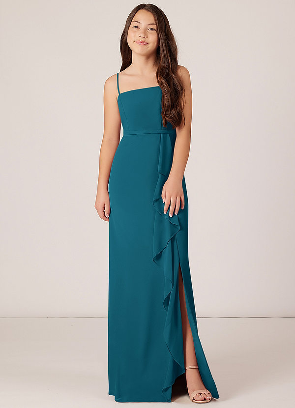 Azazie Kaylee Junior Ink Blue A-Line with Belt Chiffon Dress image1
