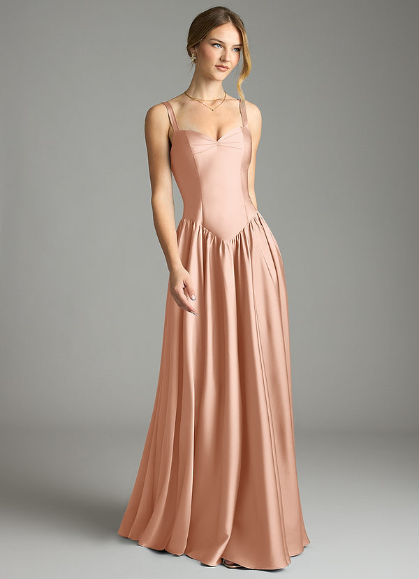 Azazie Evadina Vestidos Dama de Honor Vestido de Oro Rosa de Satén Elástico de Corte en A con Corsé image1
