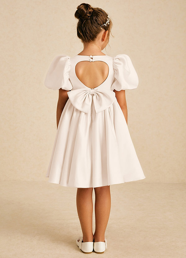 Azazie Muffin Flower Girl Dresses White Alabaster A-Line with Sleeves Matte Satin Dress image1