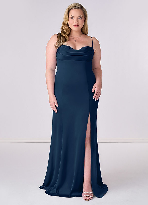 Barbie ♥ Azazie Abiti da Damigella Abito Sirena in Raso Elasticizzato Corsetto Marino Scuro image1