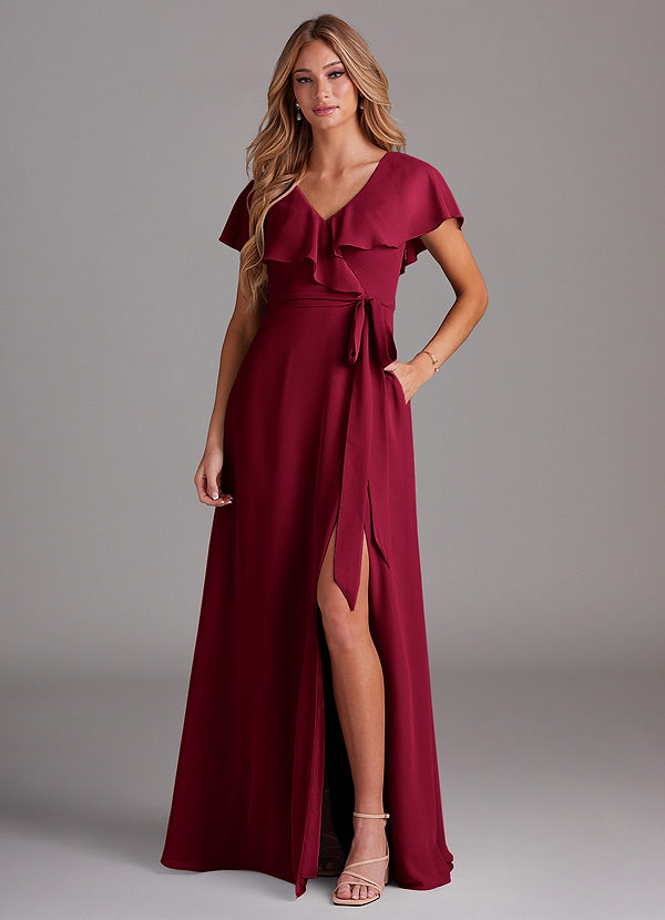 Azazie Lainey Bridesmaid Dresses Burgundy A-Line with Pockets Chiffon Dress image1