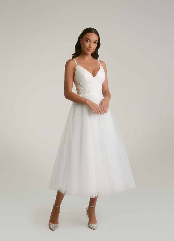 Azazie Liana Wedding Dresses A-Line V-Neck Sequins Tulle Tea-Length Dress image1