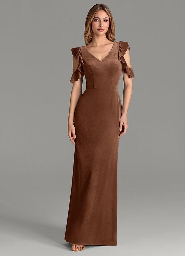 Azazie Mena Bridesmaid Dresses Umber Mermaid Ruched Velvet Dress image1
